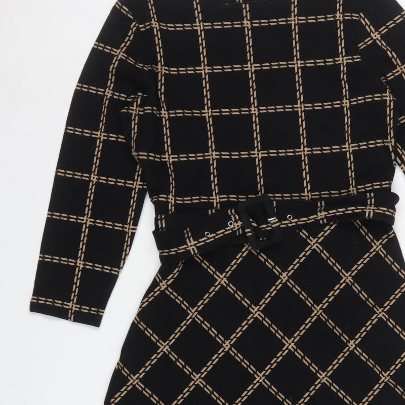 Warehouse Women's Black Beige UK 12 Fit & Flare Check Belted Dress