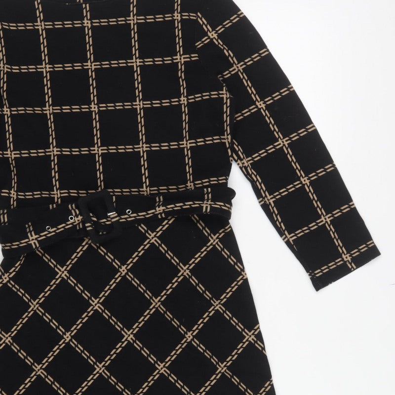 Warehouse Women's Black Beige UK 12 Fit & Flare Check Belted Dress