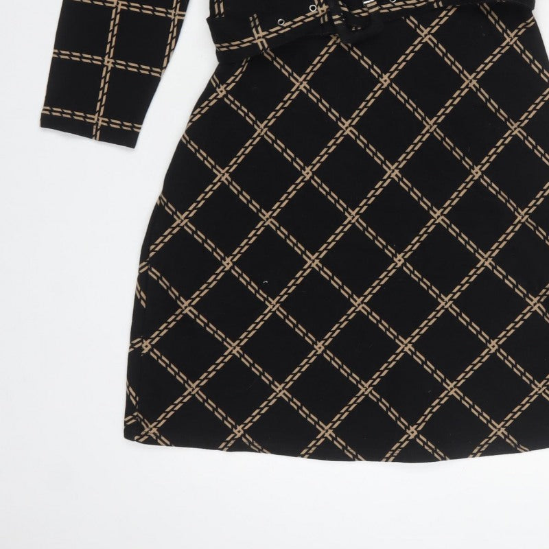 Warehouse Women's Black Beige UK 12 Fit & Flare Check Belted Dress