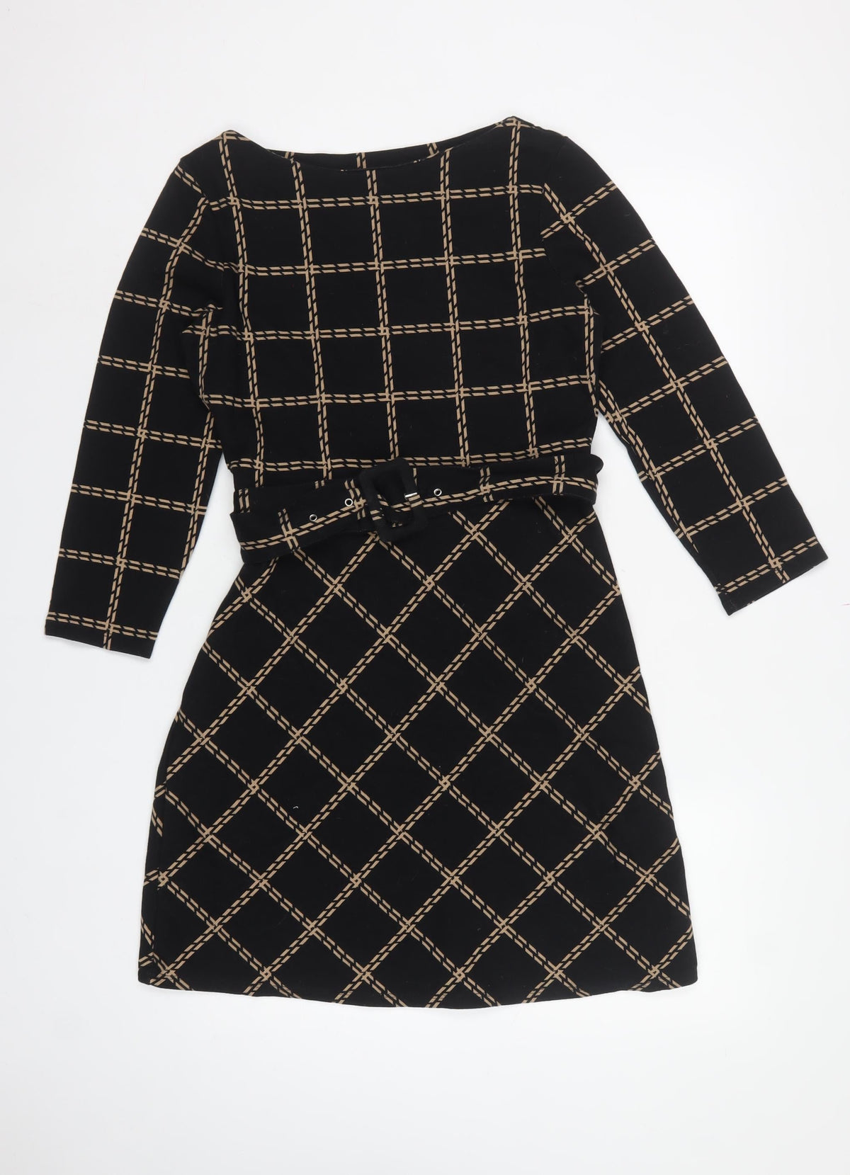 Warehouse Women's Black Beige UK 12 Fit & Flare Check Belted Dress