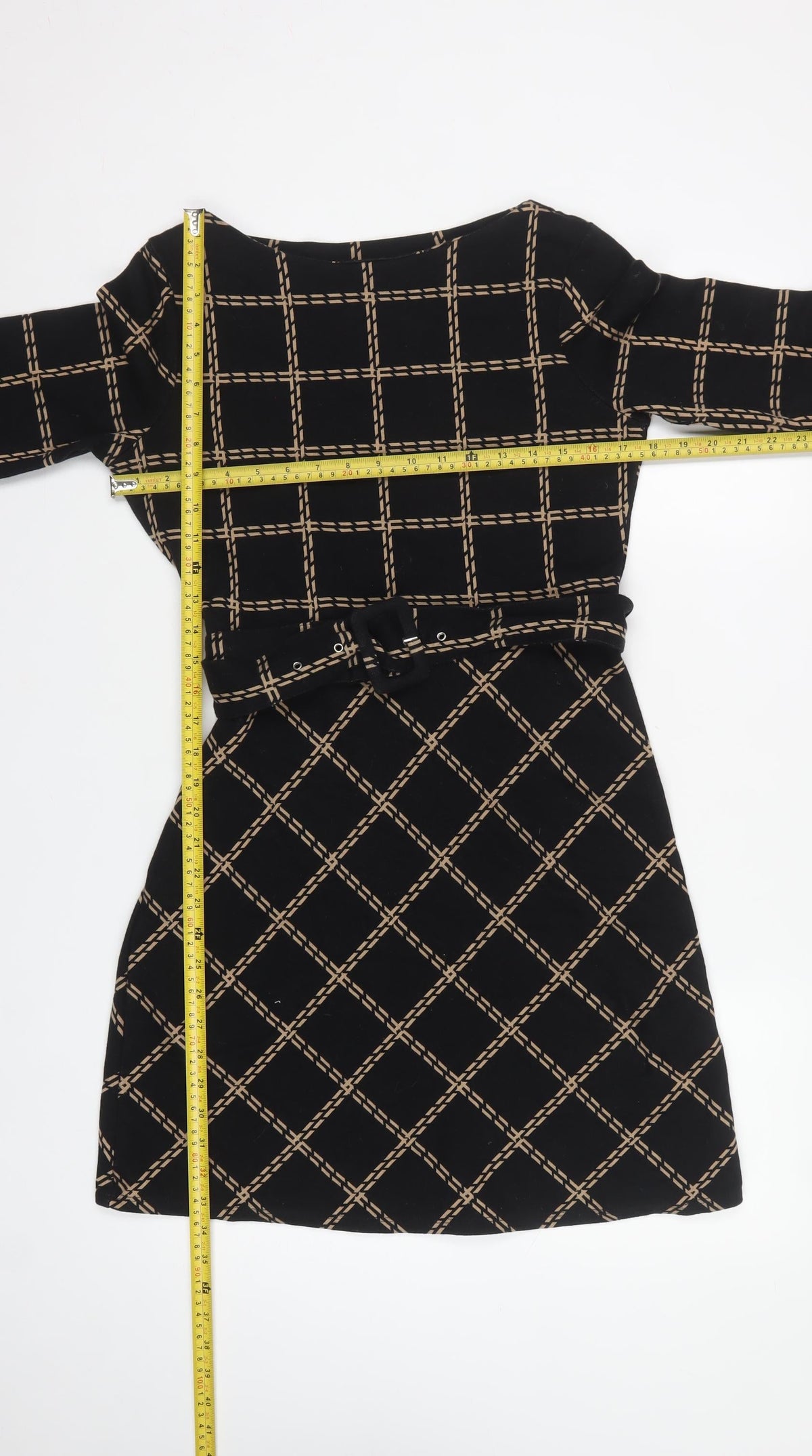 Warehouse Women's Black Beige UK 12 Fit & Flare Check Belted Dress