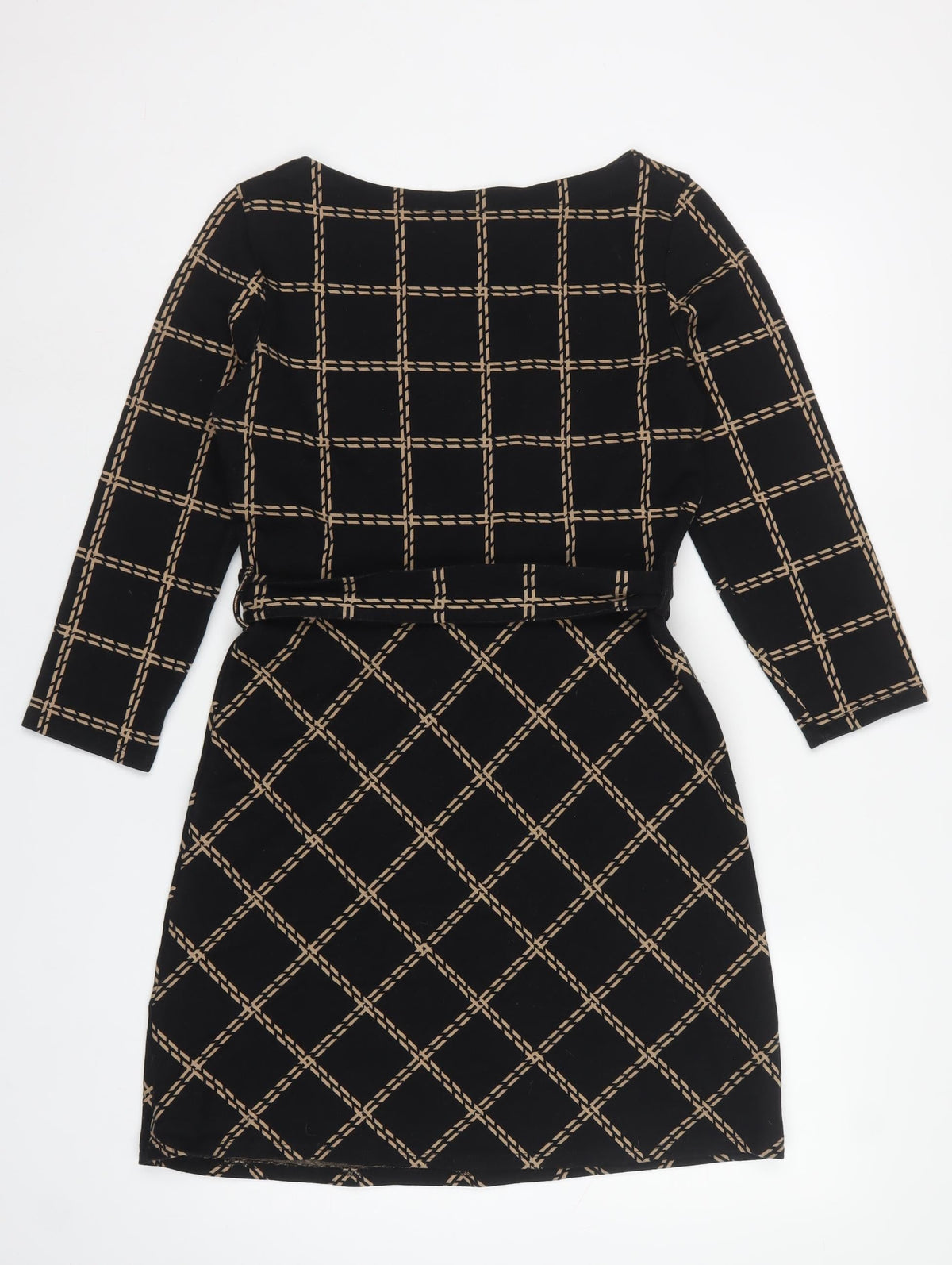 Warehouse Women's Black Beige UK 12 Fit & Flare Check Belted Dress