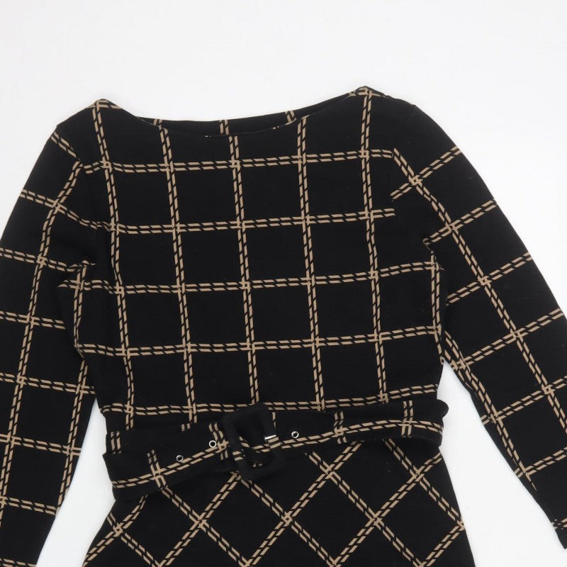 Warehouse Women's Black Beige UK 12 Fit & Flare Check Belted Dress