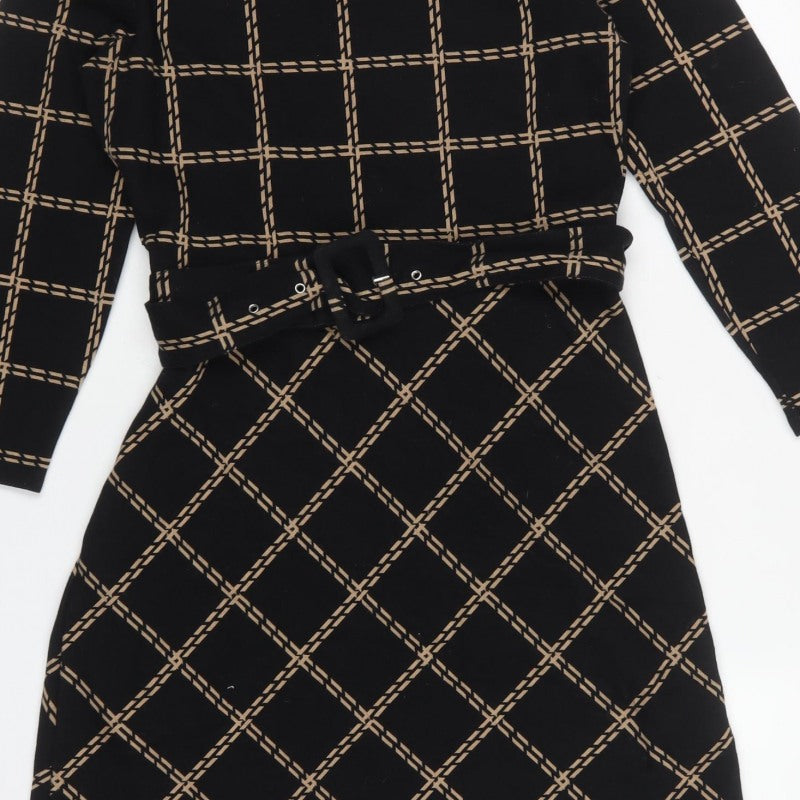 Warehouse Women's Black Beige UK 12 Fit & Flare Check Belted Dress