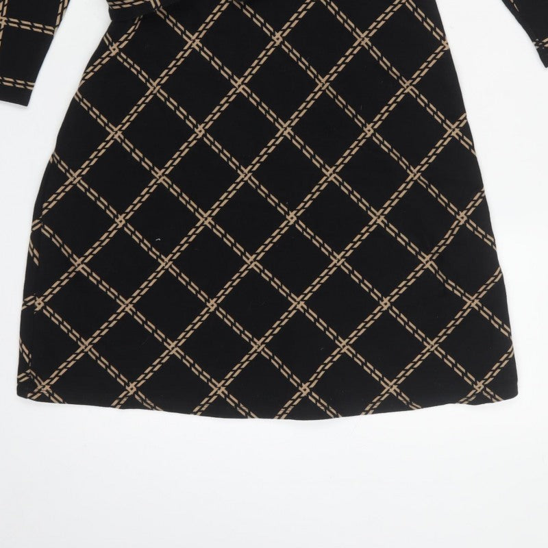 Warehouse Women's Black Beige UK 12 Fit & Flare Check Belted Dress