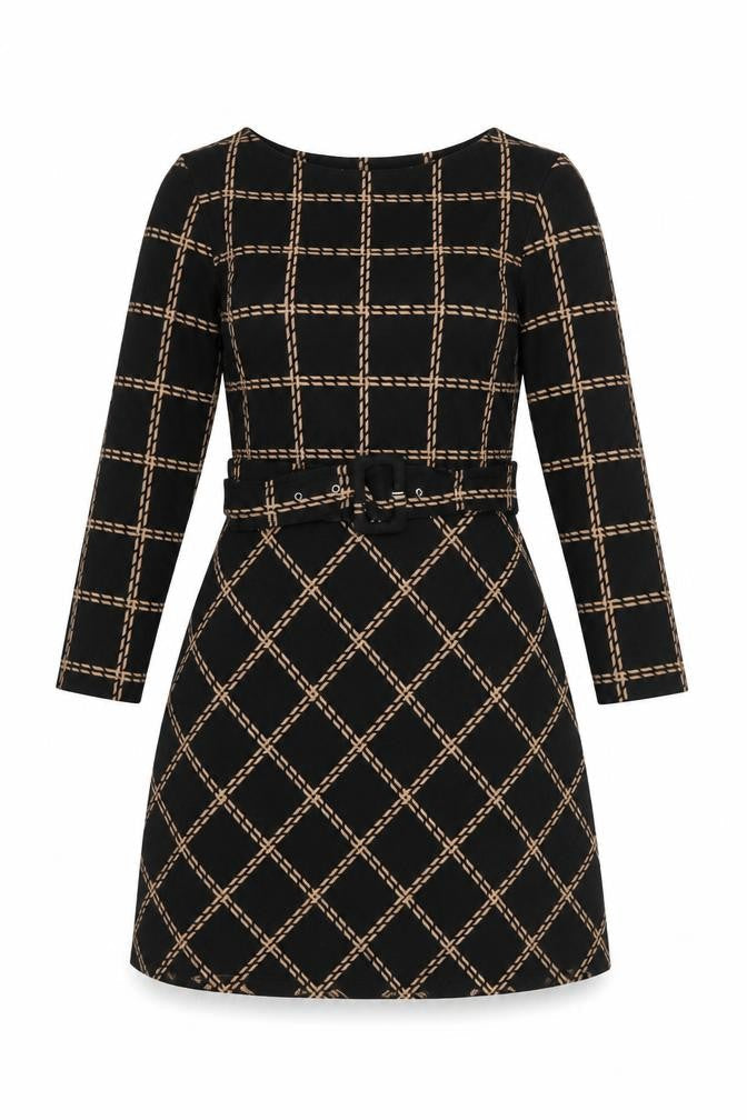 Warehouse Women's Black Beige UK 12 Fit & Flare Check Belted Dress