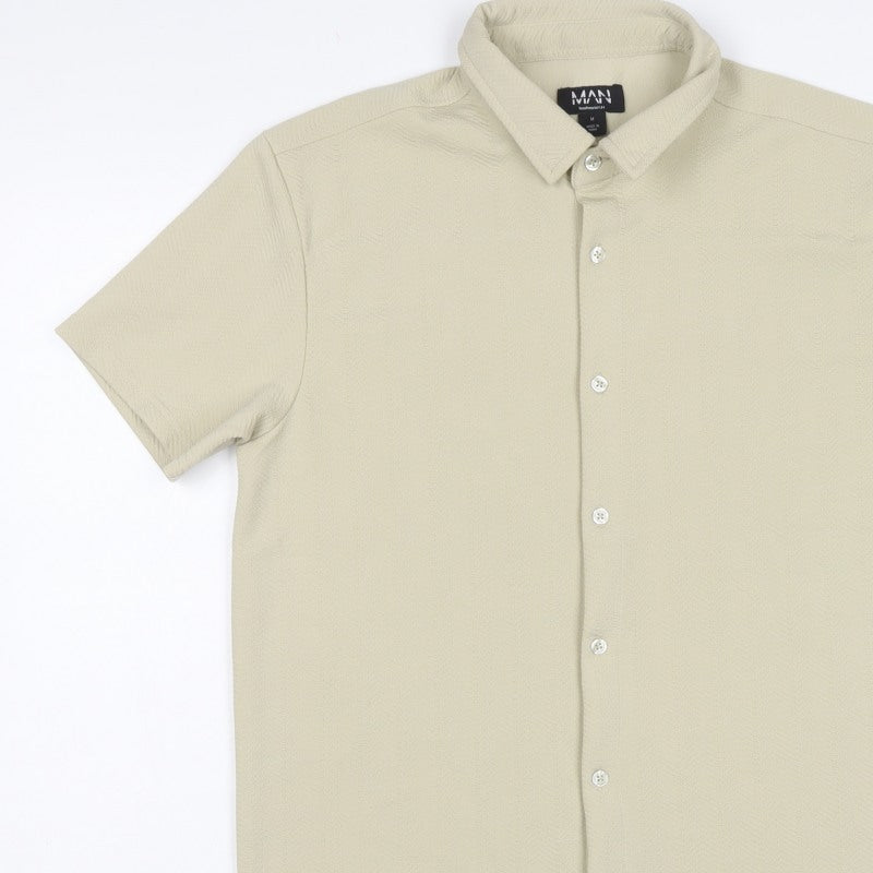 BoohooMAN Men's Beige M Short Sleeve Button-Up Textured Shirt