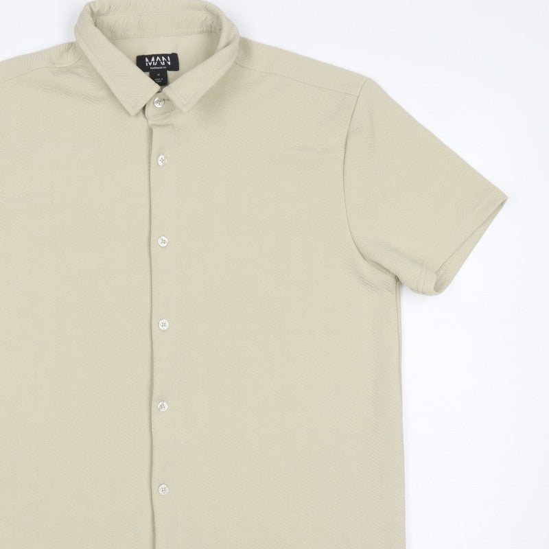 BoohooMAN Men's Beige M Short Sleeve Button-Up Textured Shirt
