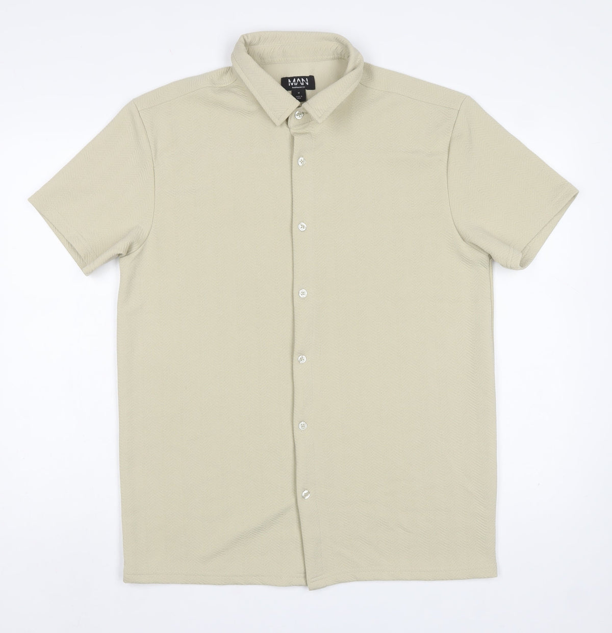 BoohooMAN Men's Beige M Short Sleeve Button-Up Textured Shirt