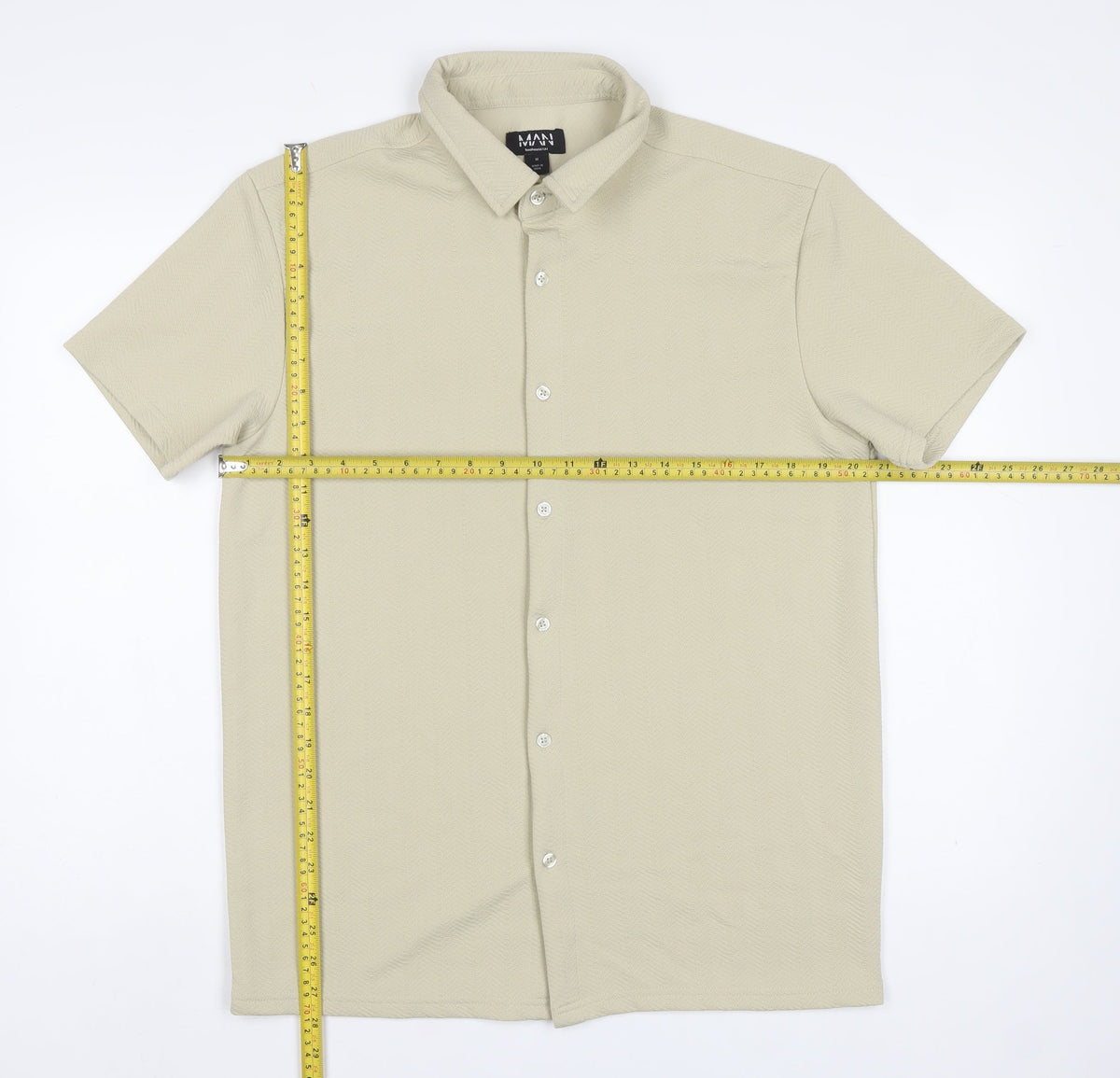 BoohooMAN Men's Beige M Short Sleeve Button-Up Textured Shirt