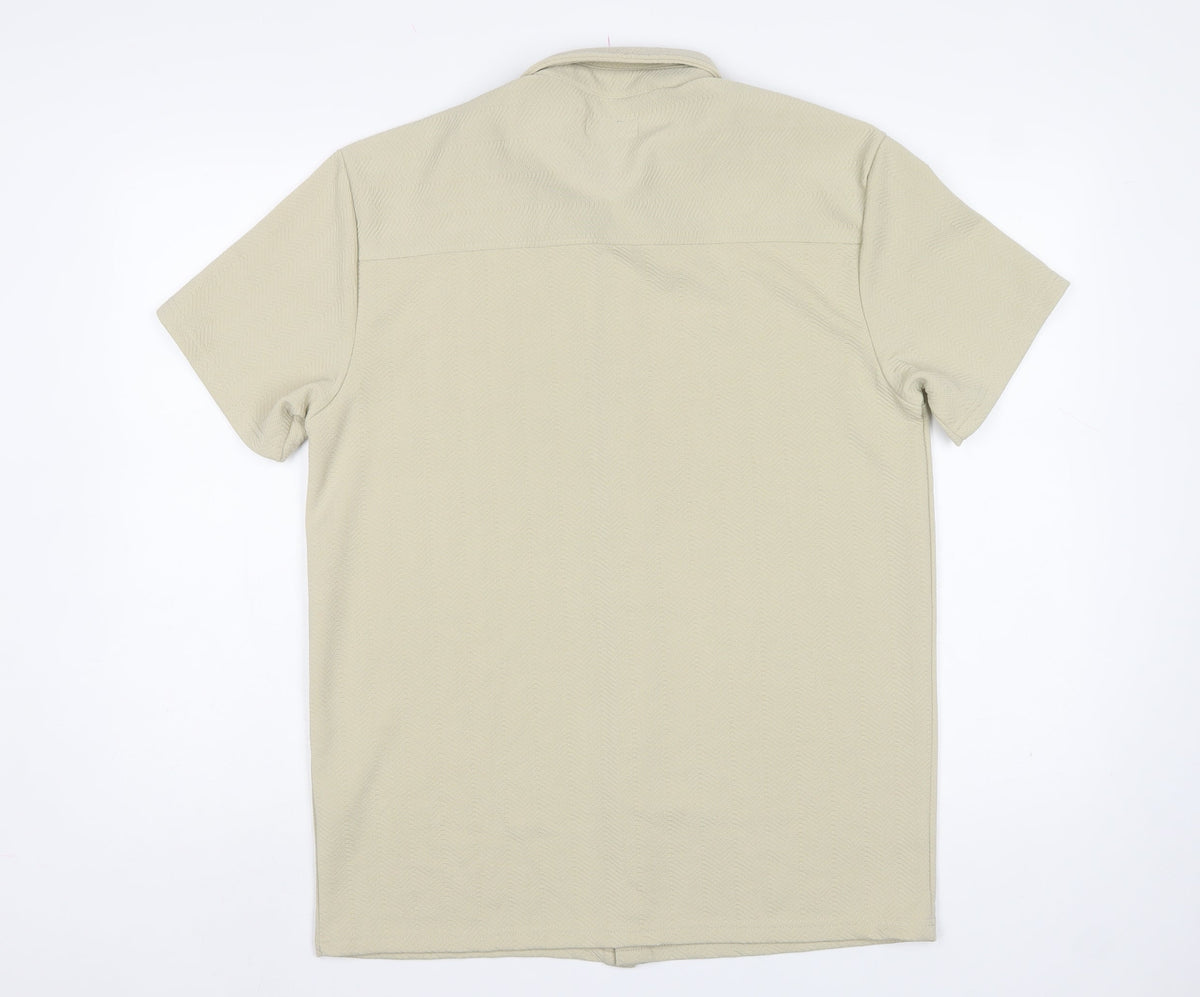 BoohooMAN Men's Beige M Short Sleeve Button-Up Textured Shirt