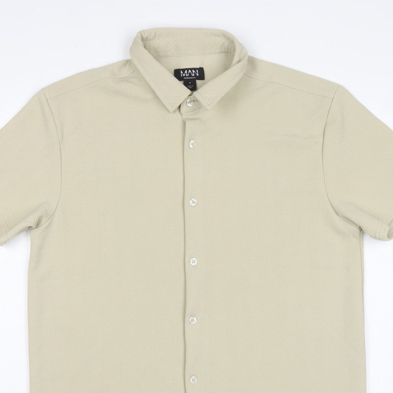 BoohooMAN Men's Beige M Short Sleeve Button-Up Textured Shirt