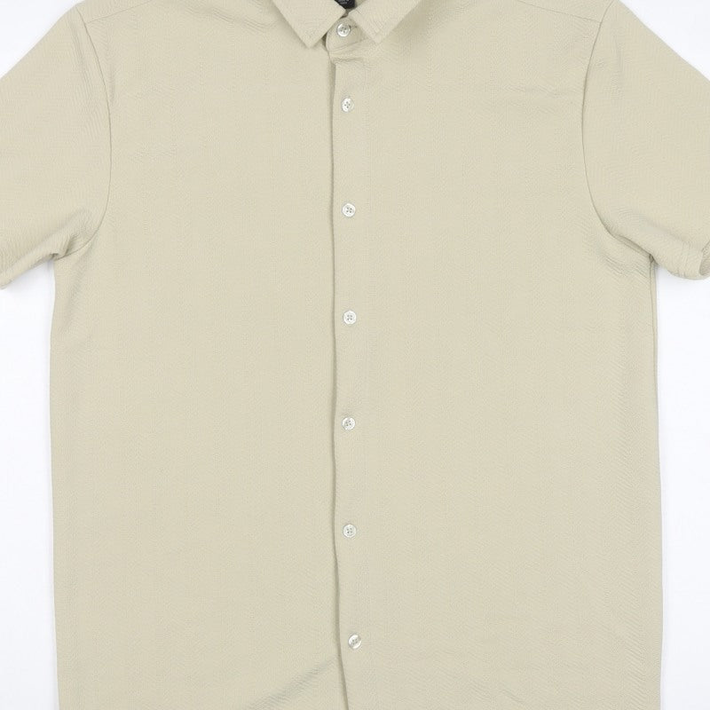 BoohooMAN Men's Beige M Short Sleeve Button-Up Textured Shirt