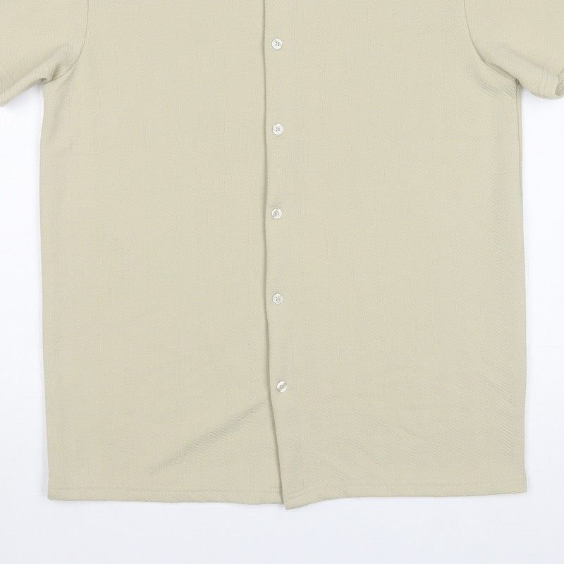 BoohooMAN Men's Beige M Short Sleeve Button-Up Textured Shirt