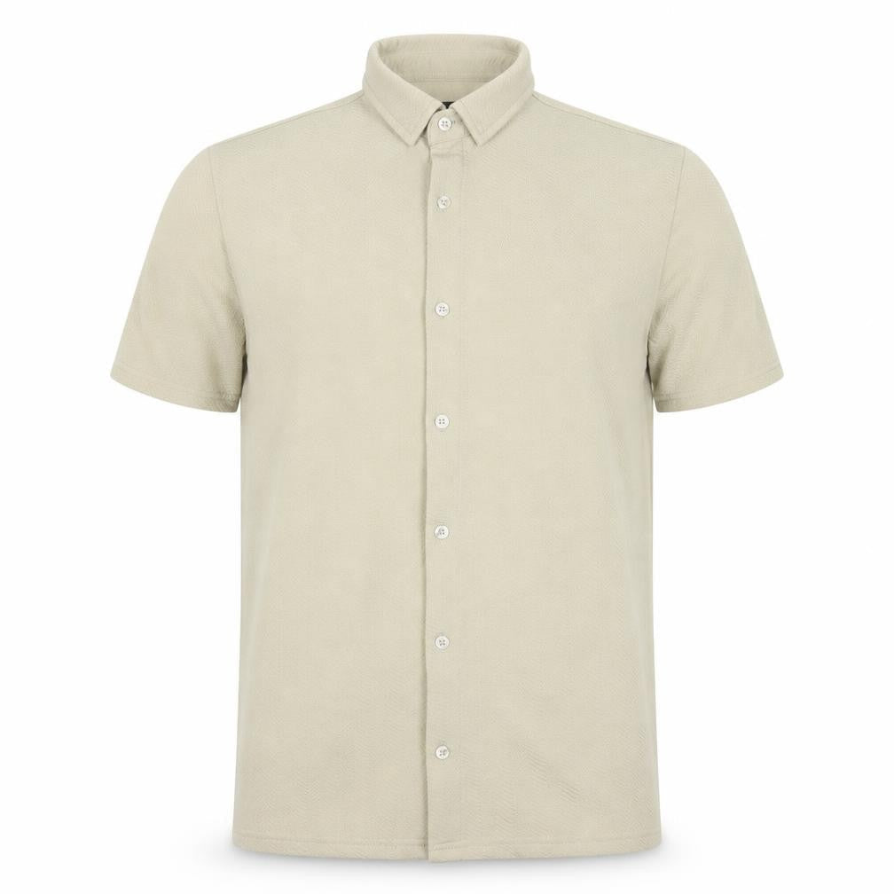 BoohooMAN Men's Beige M Short Sleeve Button-Up Textured Shirt