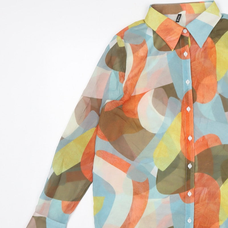 PrettyLittleThing Women Multicoloured UK 10 Geometric Sheer Button-Up Shirt