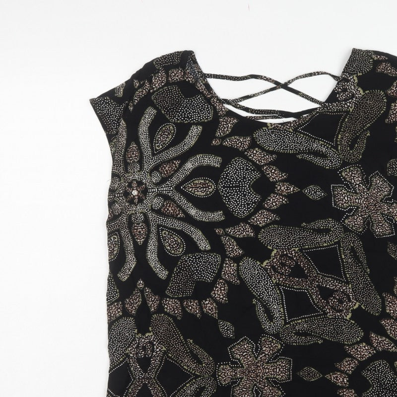 Soyaconcept Women Black Paisley Viscose XL Lace Back Cap Sleeve Blouse