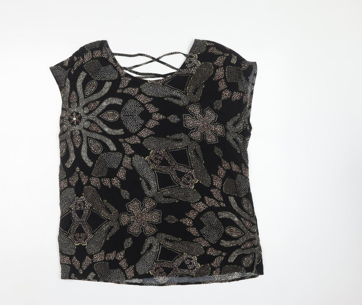 Soyaconcept Women Black Paisley Viscose XL Lace Back Cap Sleeve Blouse