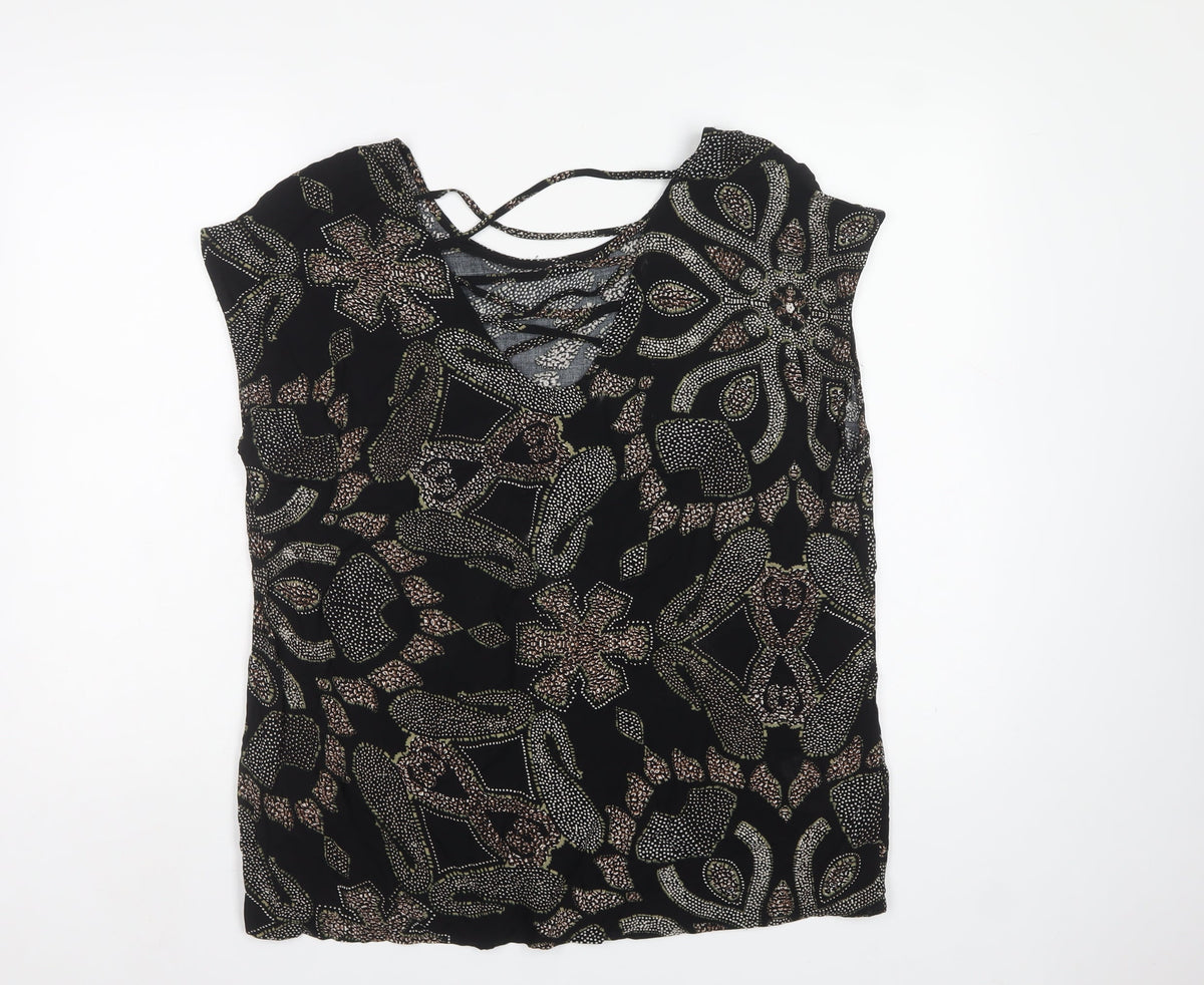 Soyaconcept Women Black Paisley Viscose XL Lace Back Cap Sleeve Blouse