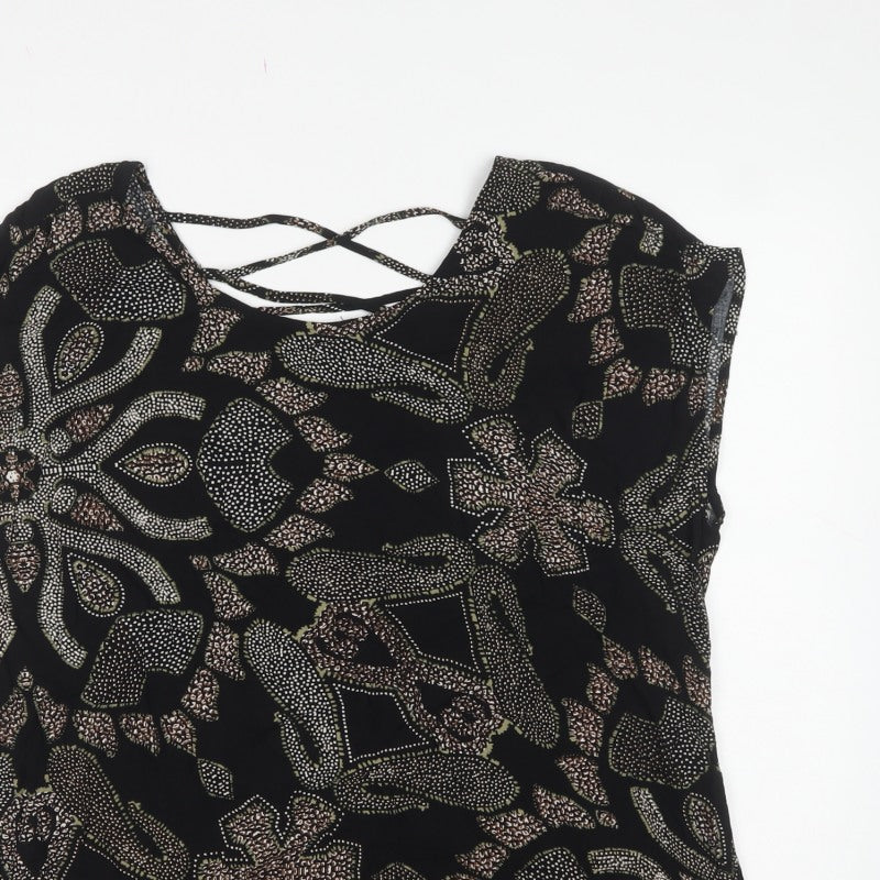 Soyaconcept Women Black Paisley Viscose XL Lace Back Cap Sleeve Blouse