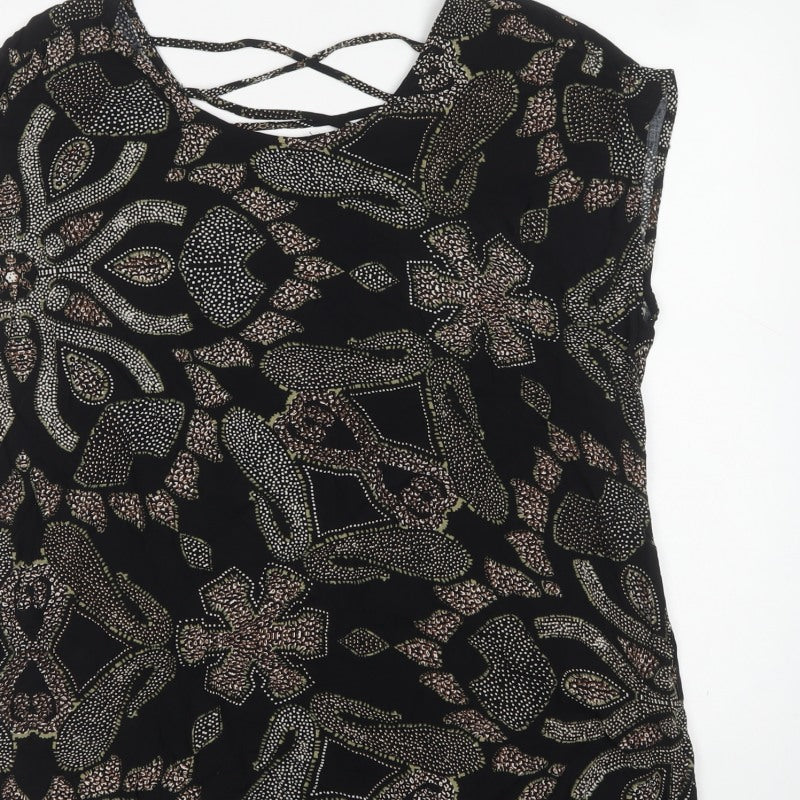 Soyaconcept Women Black Paisley Viscose XL Lace Back Cap Sleeve Blouse
