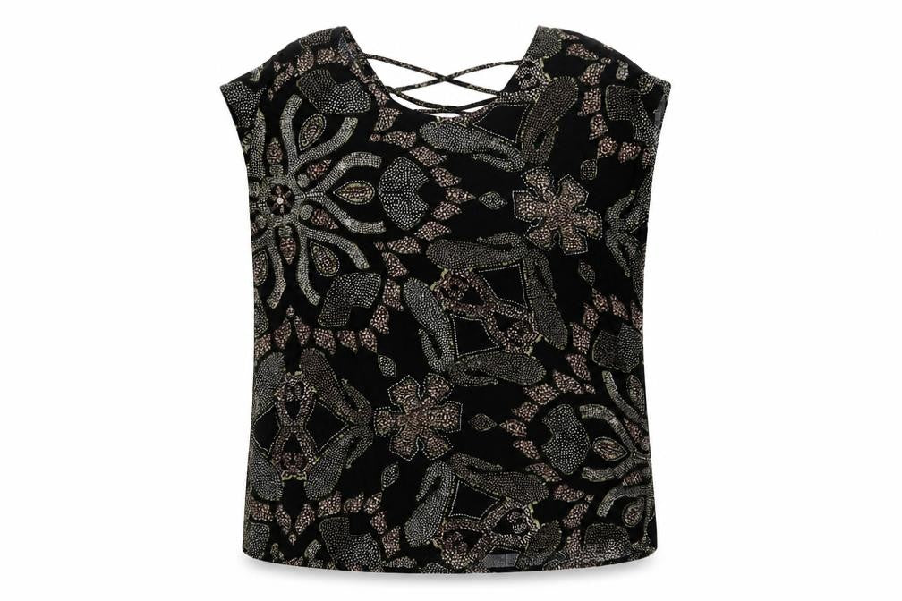 Soyaconcept Women Black Paisley Viscose XL Lace Back Cap Sleeve Blouse