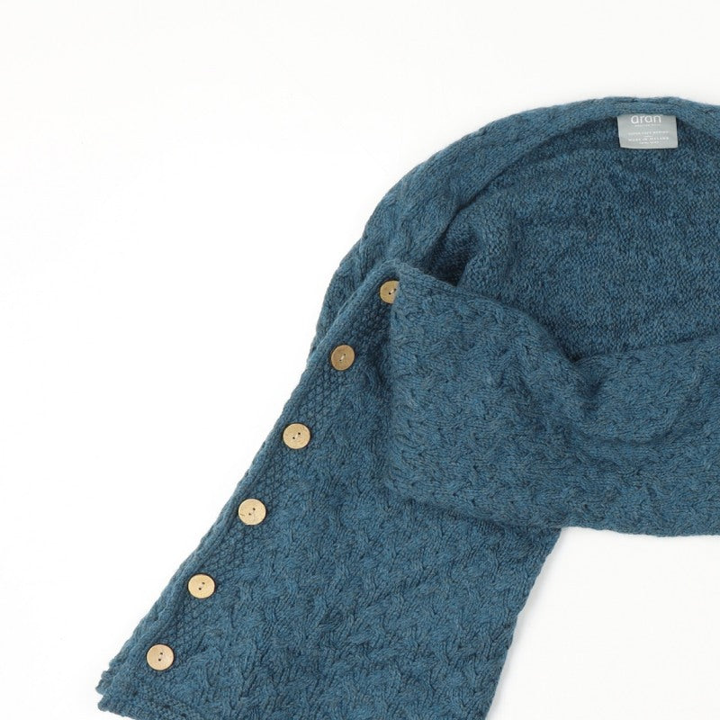 Aran Women Blue One Size Merino Wool Cable Knit Button Wrap Cardigan