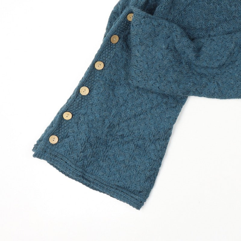 Aran Women Blue One Size Merino Wool Cable Knit Button Wrap Cardigan