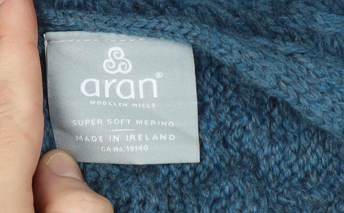 Aran Women Blue One Size Merino Wool Cable Knit Button Wrap Cardigan
