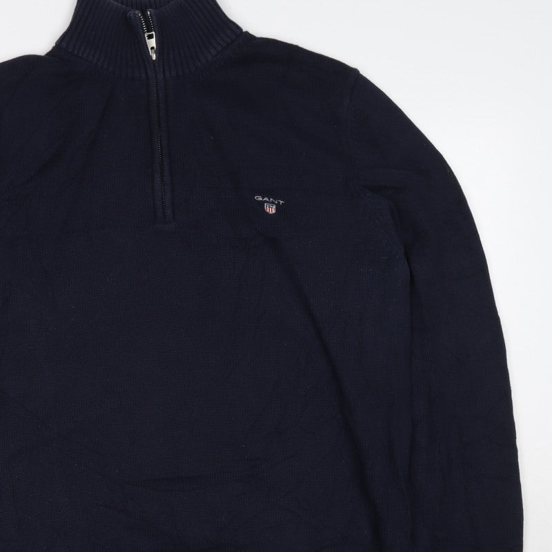 GANT Mens Blue XL Half Zip High Neck Logo Knit Jumper