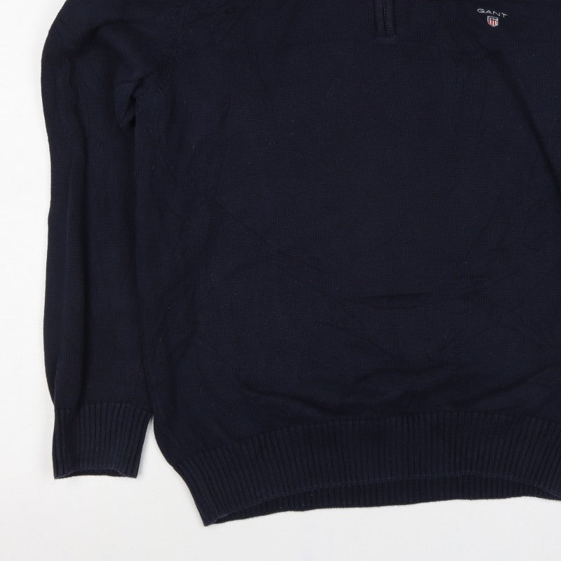 GANT Mens Blue XL Half Zip High Neck Logo Knit Jumper