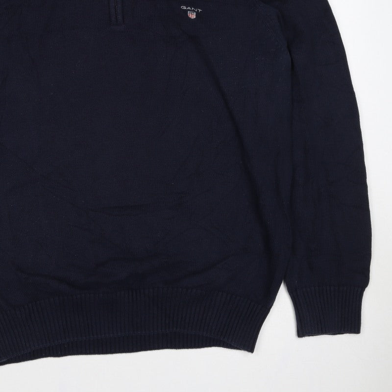 GANT Mens Blue XL Half Zip High Neck Logo Knit Jumper