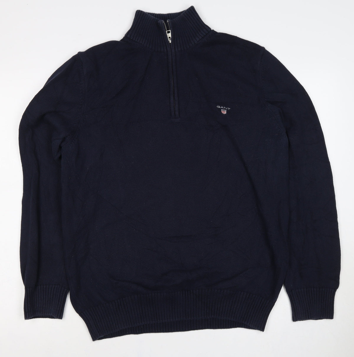 GANT Mens Blue XL Half Zip High Neck Logo Knit Jumper