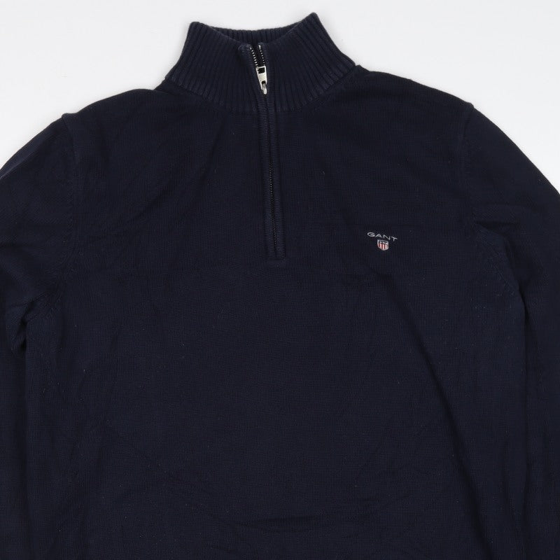 GANT Mens Blue XL Half Zip High Neck Logo Knit Jumper