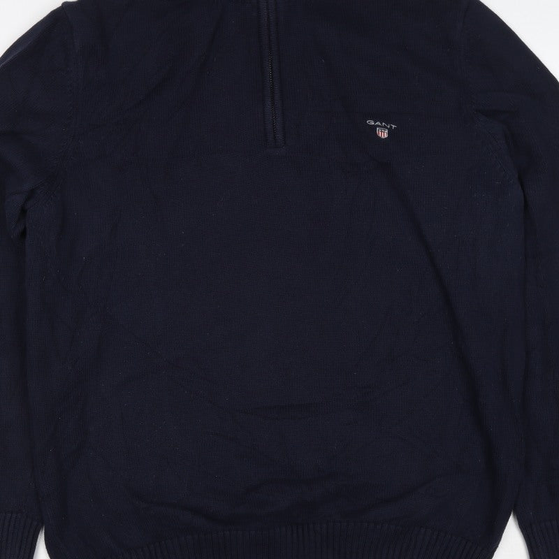 GANT Mens Blue XL Half Zip High Neck Logo Knit Jumper