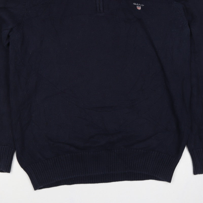 GANT Mens Blue XL Half Zip High Neck Logo Knit Jumper