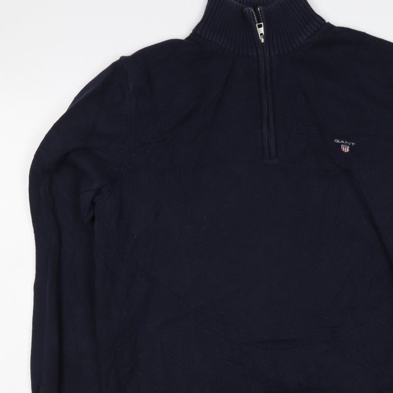 GANT Mens Blue XL Half Zip High Neck Logo Knit Jumper