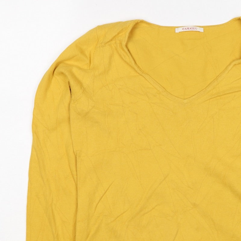 Camaieu Women’s Yellow V-Neck Knit Pullover Jumper UK 12 Long Sleeve