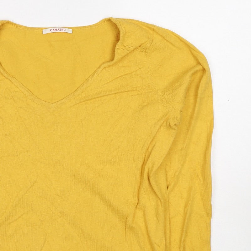 Camaieu Women’s Yellow V-Neck Knit Pullover Jumper UK 12 Long Sleeve