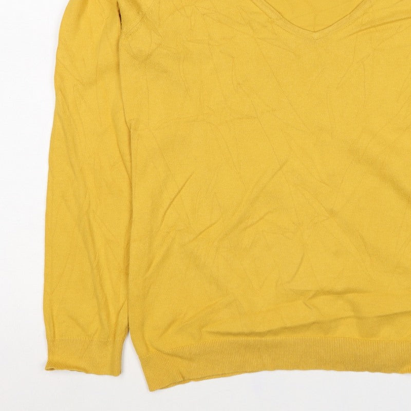 Camaieu Women’s Yellow V-Neck Knit Pullover Jumper UK 12 Long Sleeve