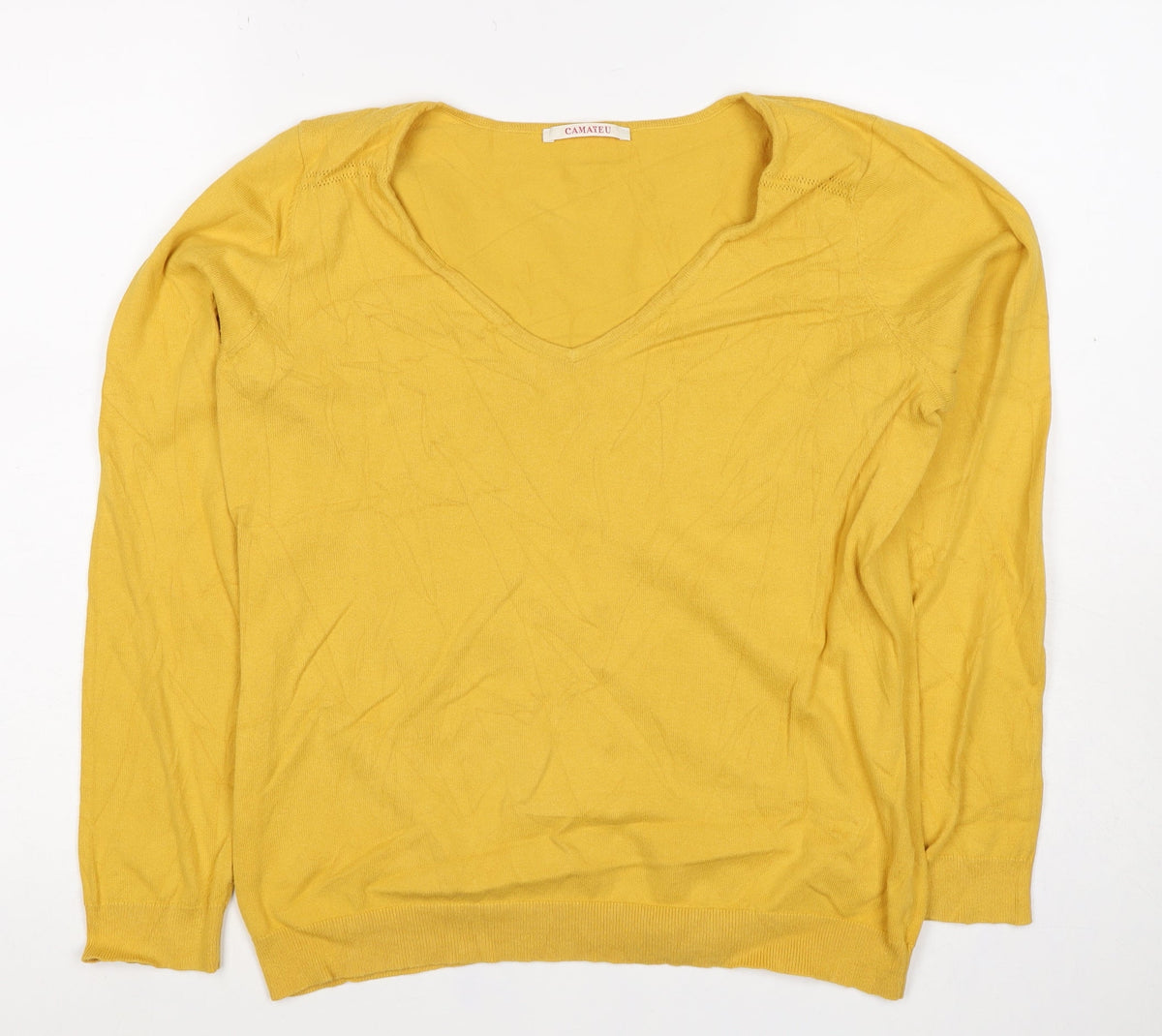Camaieu Women’s Yellow V-Neck Knit Pullover Jumper UK 12 Long Sleeve