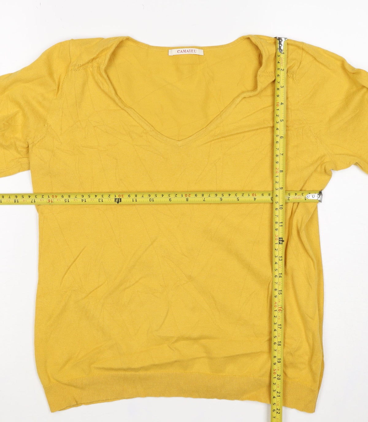 Camaieu Women’s Yellow V-Neck Knit Pullover Jumper UK 12 Long Sleeve