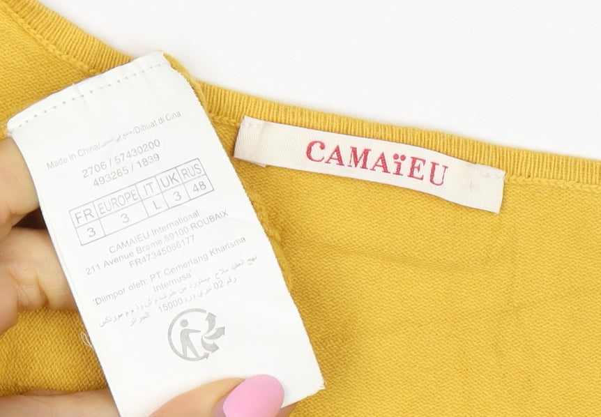 Camaieu Women’s Yellow V-Neck Knit Pullover Jumper UK 12 Long Sleeve