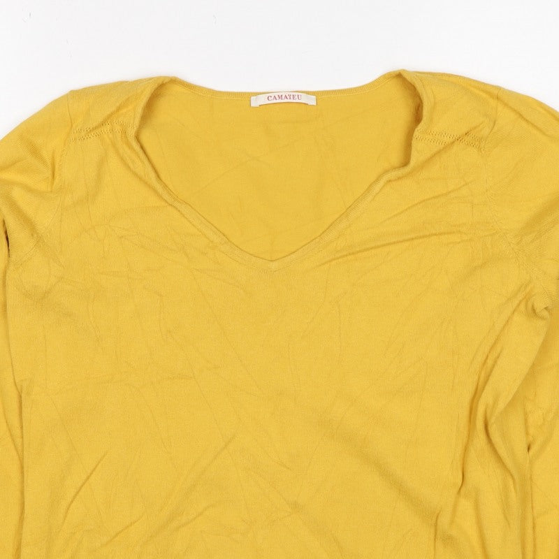 Camaieu Women’s Yellow V-Neck Knit Pullover Jumper UK 12 Long Sleeve