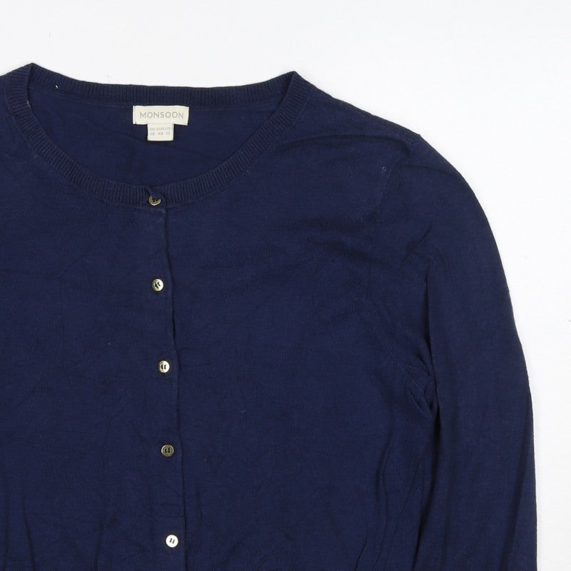 Monsoon Women Blue UK 16 Button Round Neck Cardigan Long Sleeve