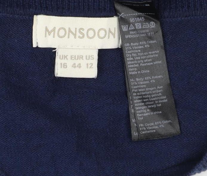 Monsoon Women Blue UK 16 Button Round Neck Cardigan Long Sleeve