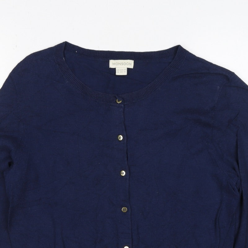 Monsoon Women Blue UK 16 Button Round Neck Cardigan Long Sleeve