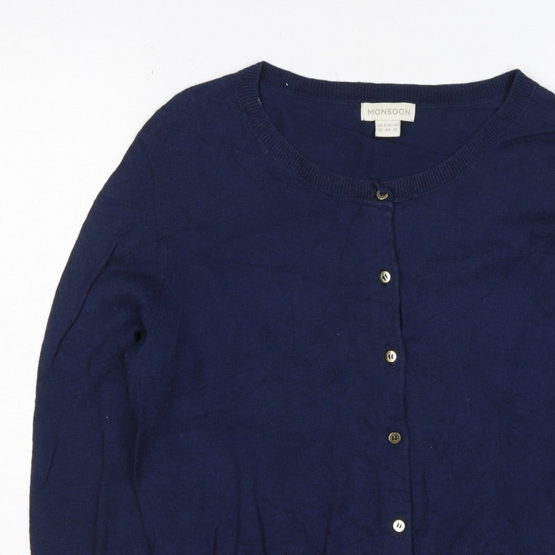 Monsoon Women Blue UK 16 Button Round Neck Cardigan Long Sleeve