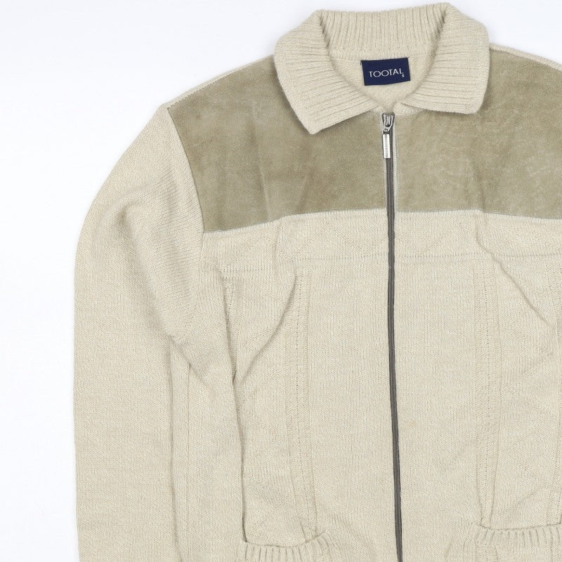 Tootal Men's Beige S Full Zip Collared Acrylic Knit Jumper