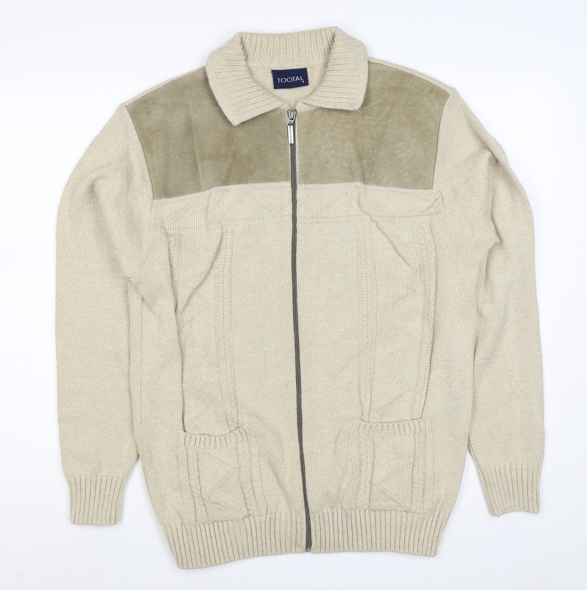 Tootal Men's Beige S Full Zip Collared Acrylic Knit Jumper